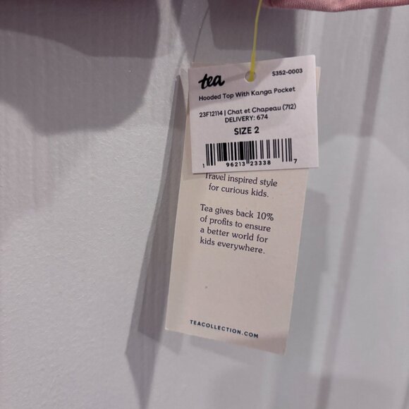 *NWT* Tea Collection Hooded Top with Kanga Pocket (Chat et Chapeu) Size 2T *NWT* - Picture 2 of 3